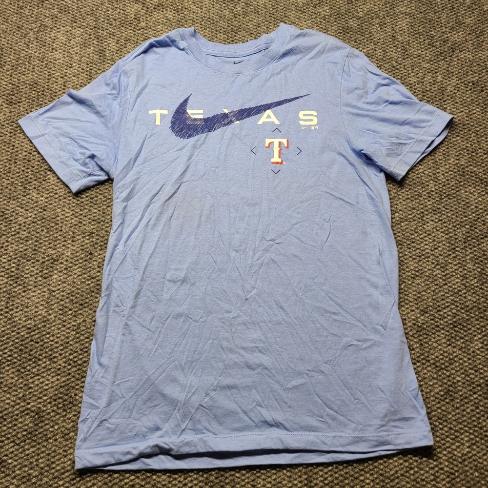 Nike Texas Rangers MLB T-Shirt Mens Small Blue Scribble Swoosh Graphic Tee